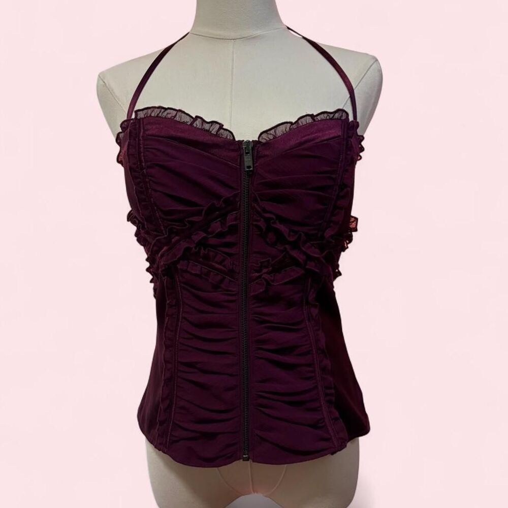 Y2K bebe Plum Ruched Corset Halter Top Detachable Strap Zip Front Medium